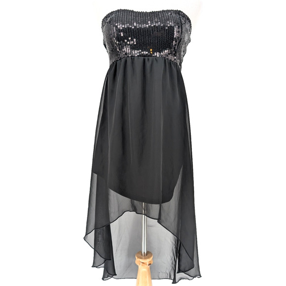 VTG Y2K Wet Seal Black Sequin Sheer Asymmetrical Gothic Chiffon Strapless Dress - Picture 2 of 9